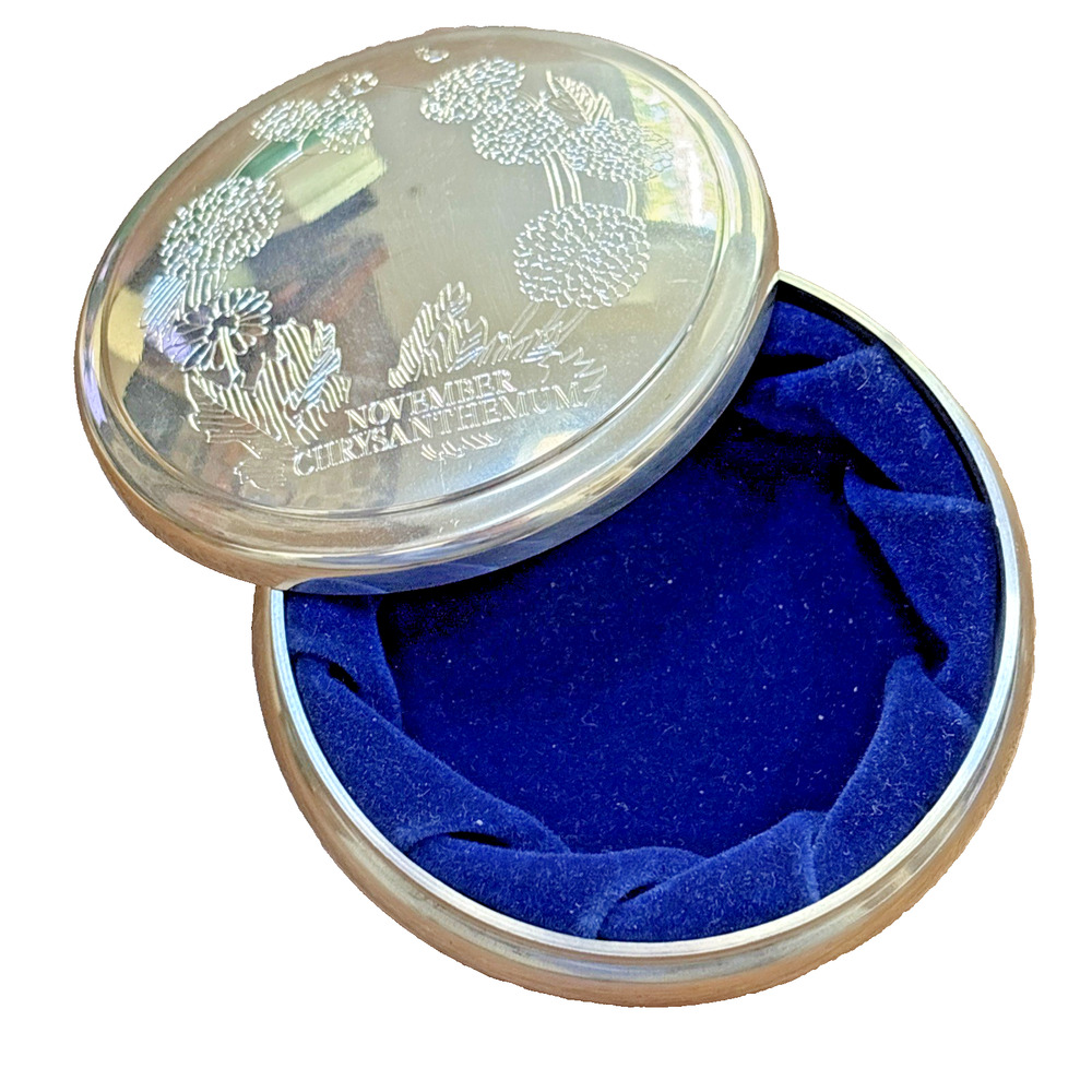 Vintage Salisbury Pewter USA Trinket Jewelry Box Jar November Chrysanthemum